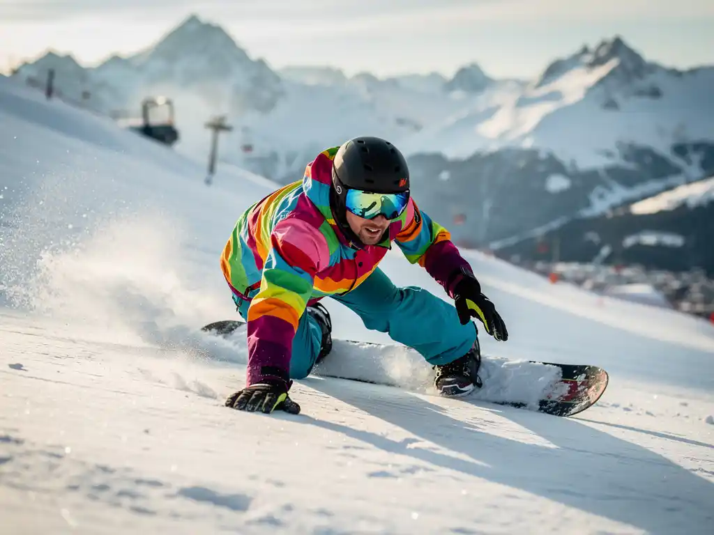 Snowboarder in felgekleurde winterkleding demonstreert veilige valtechniek op poedersneeuw in de bergen
