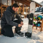 Professionele snowboard instructeur past bindingen aan van huursnowboard in poedersneeuw bij alpine lodge
