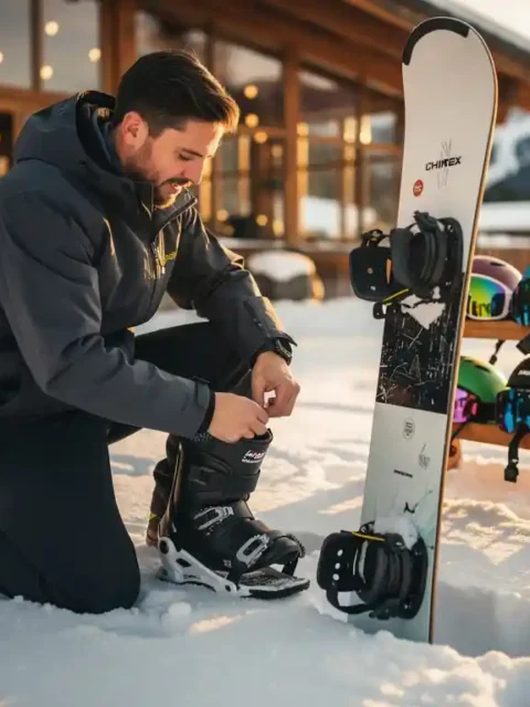 Professionele snowboard instructeur past bindingen aan van huursnowboard in poedersneeuw bij alpine lodge
