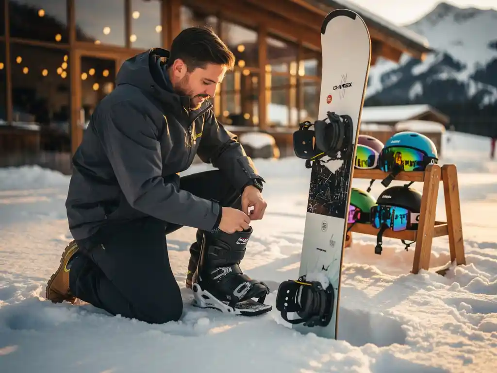 Professionele snowboard instructeur past bindingen aan van huursnowboard in poedersneeuw bij alpine lodge