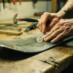 Erfahrene Hände wachsen Snowboard-Belag mit Kunststoffschaber in Werkstatt, Wartungstools sichtbar