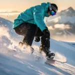 Snowboarder in felblauwe jas springt door poedersneeuw op besneeuwde berghelling tijdens gouden uur