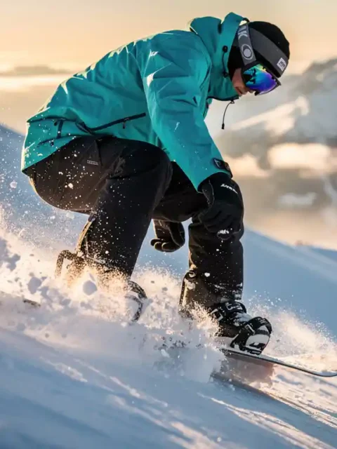 Snowboarder in felblauwe jas springt door poedersneeuw op besneeuwde berghelling tijdens gouden uur