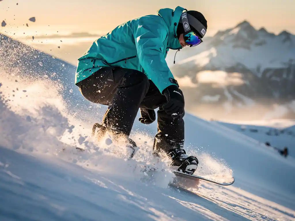 Snowboarder in felblauwe jas springt door poedersneeuw op besneeuwde berghelling tijdens gouden uur