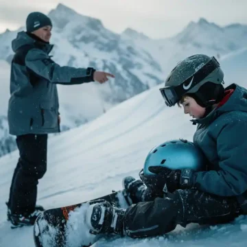 Snowboarder sitzt nachdenklich am Hang, während Skilehrer auf sanftere Anfängerpiste zeigt, Bergpanorama im Hintergrund