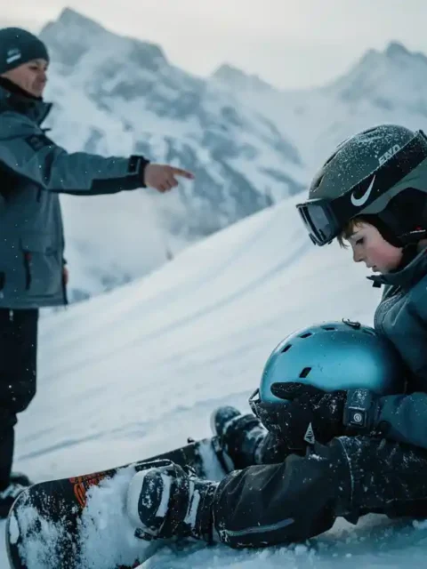 Snowboarder sitzt nachdenklich am Hang, während Skilehrer auf sanftere Anfängerpiste zeigt, Bergpanorama im Hintergrund
