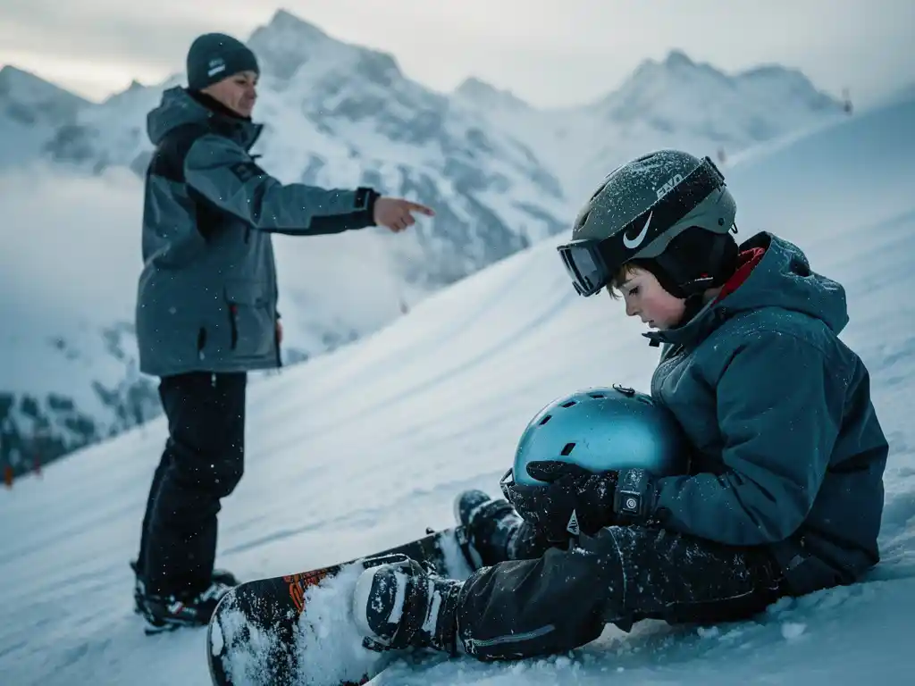 Snowboarder sitzt nachdenklich am Hang, während Skilehrer auf sanftere Anfängerpiste zeigt, Bergpanorama im Hintergrund