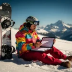 Snowboardeur en équipement d'hiver examinant des documents d'assurance sur une pente enneigée avec sommets alpins