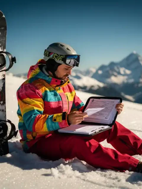 Snowboardeur en équipement d'hiver examinant des documents d'assurance sur une pente enneigée avec sommets alpins