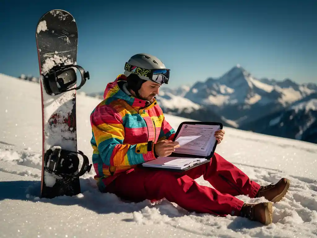 Snowboardeur en équipement d'hiver examinant des documents d'assurance sur une pente enneigée avec sommets alpins