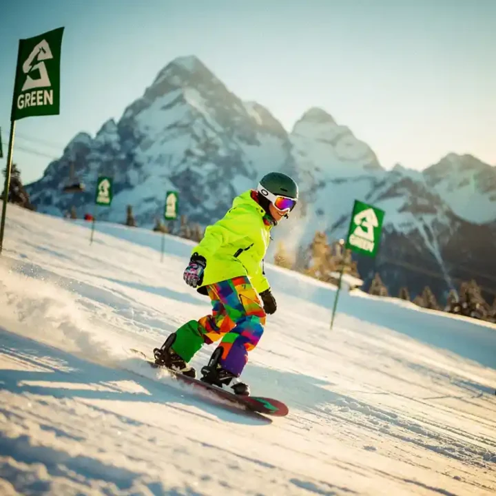 Snowboarder in felgekleurde beginneruitrusting glijdt over groene piste met besneeuwde bergen op achtergrond