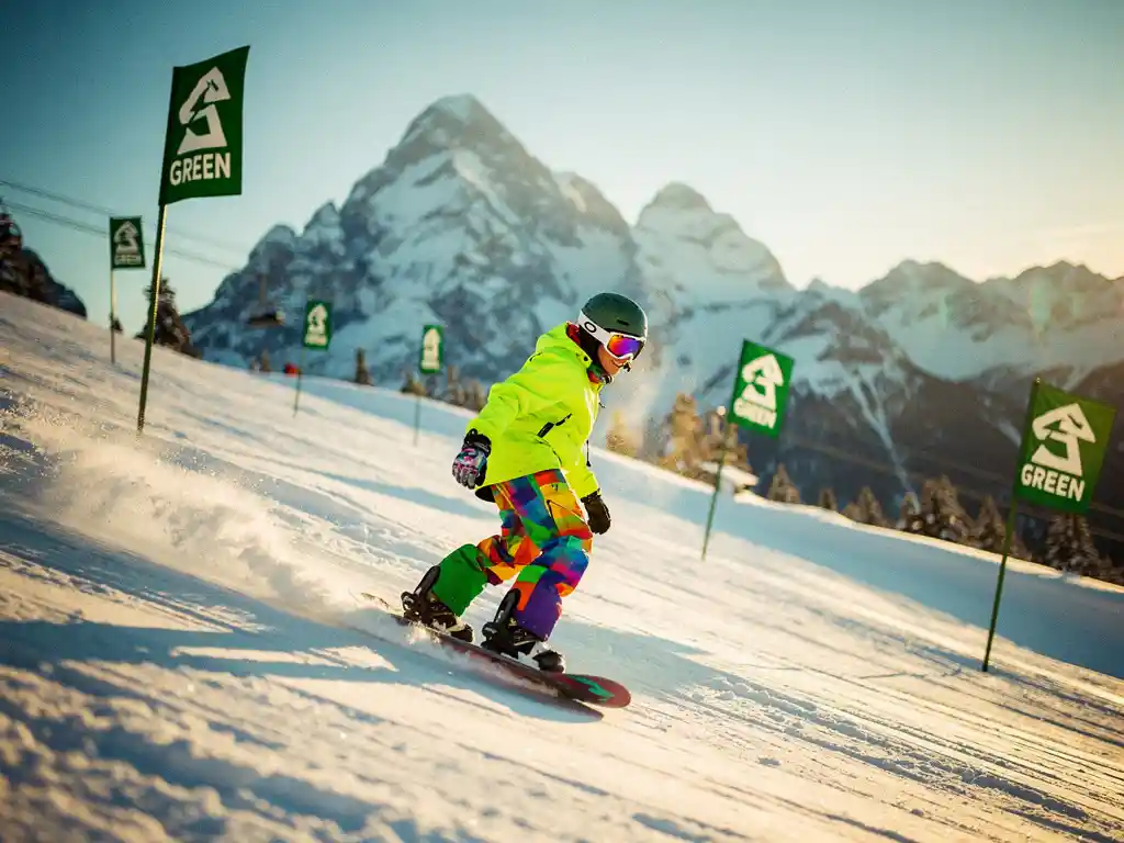 Snowboarder in felgekleurde beginneruitrusting glijdt over groene piste met besneeuwde bergen op achtergrond