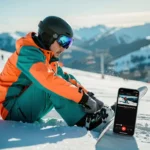 Snowboarder in felle winterkleding past bindingen aan terwijl hij tutorial op smartphone bekijkt op besneeuwde berghelling
