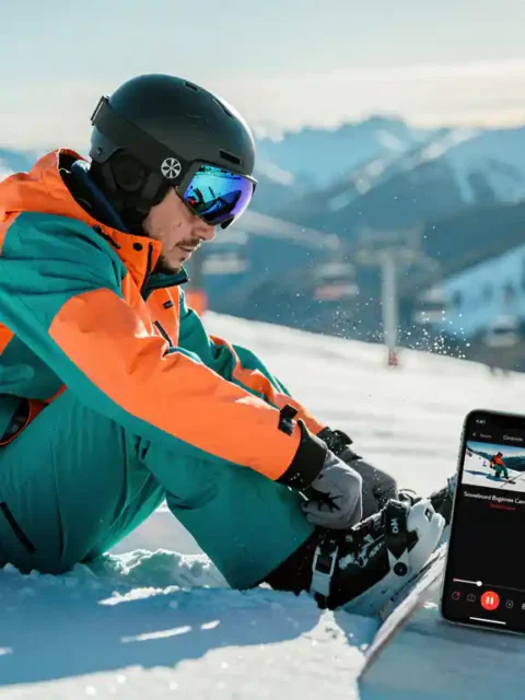 Snowboarder in felle winterkleding past bindingen aan terwijl hij tutorial op smartphone bekijkt op besneeuwde berghelling