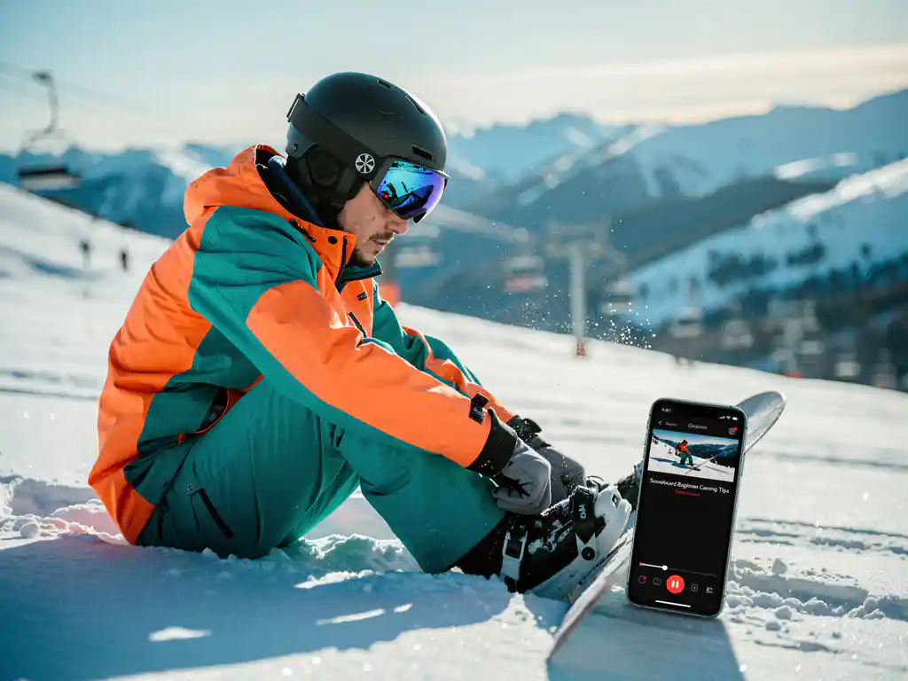 Snowboarder in felle winterkleding past bindingen aan terwijl hij tutorial op smartphone bekijkt op besneeuwde berghelling