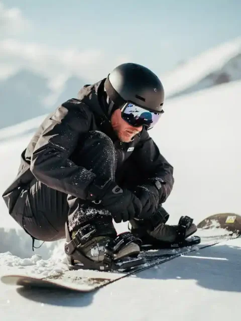 Snowboarder überprüft Bindungen auf frischem Pulverschnee am sonnigen Berghang