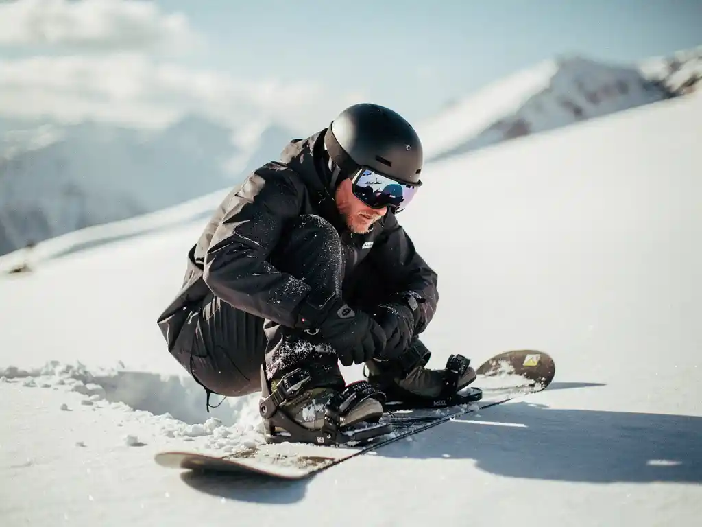 Snowboarder überprüft Bindungen auf frischem Pulverschnee am sonnigen Berghang