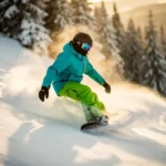 Snowboarder maakt bocht in poedersneeuw tussen dennenbomen tijdens gouden uur, sneeuw spat op van snowboard