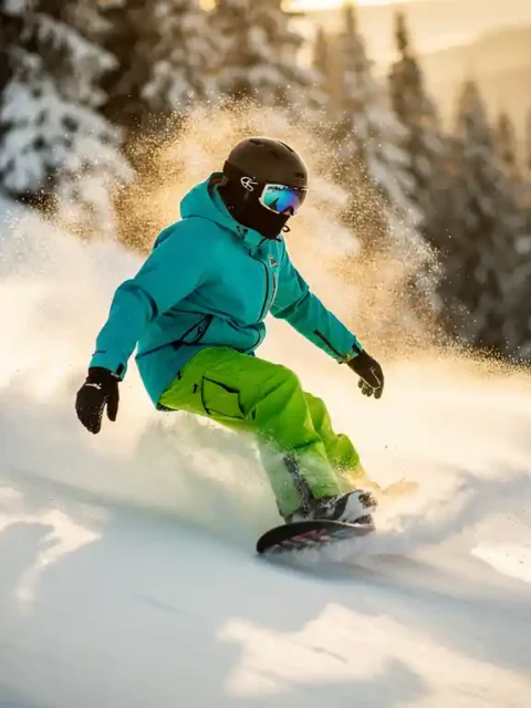 Snowboarder maakt bocht in poedersneeuw tussen dennenbomen tijdens gouden uur, sneeuw spat op van snowboard