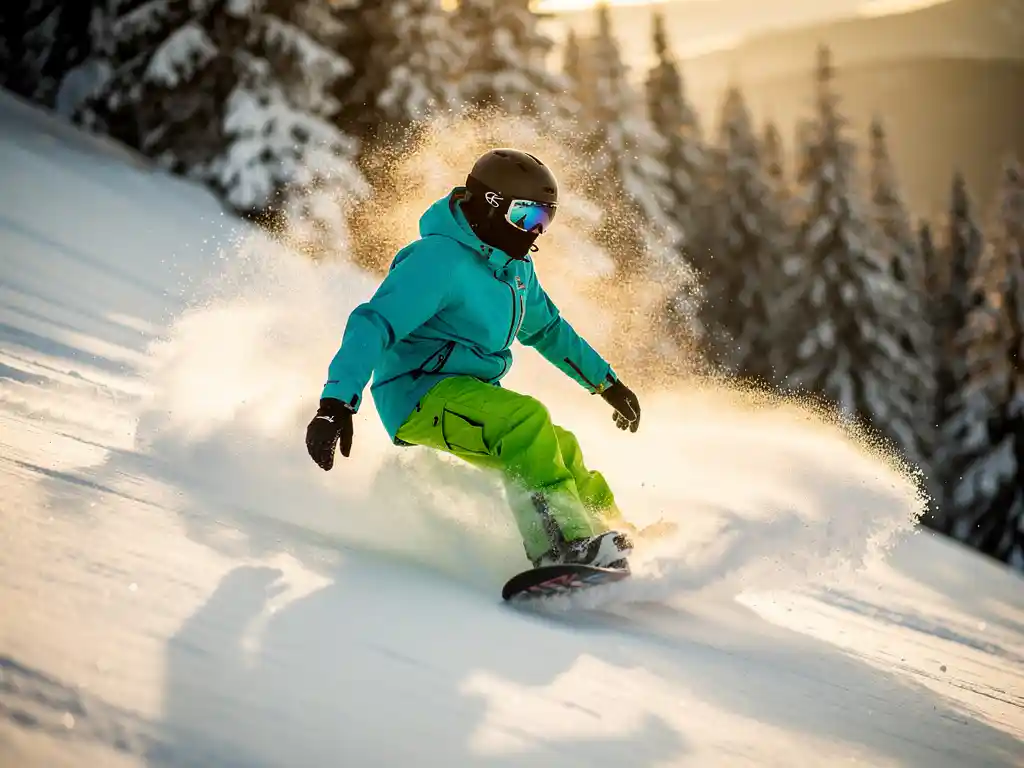 Snowboarder maakt bocht in poedersneeuw tussen dennenbomen tijdens gouden uur, sneeuw spat op van snowboard