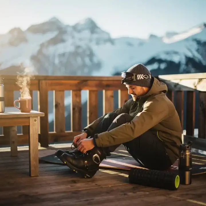 Snowboardeur se reposant sur terrasse en bois avec chocolat chaud, montagnes enneigées en arrière-plan, lumière dorée