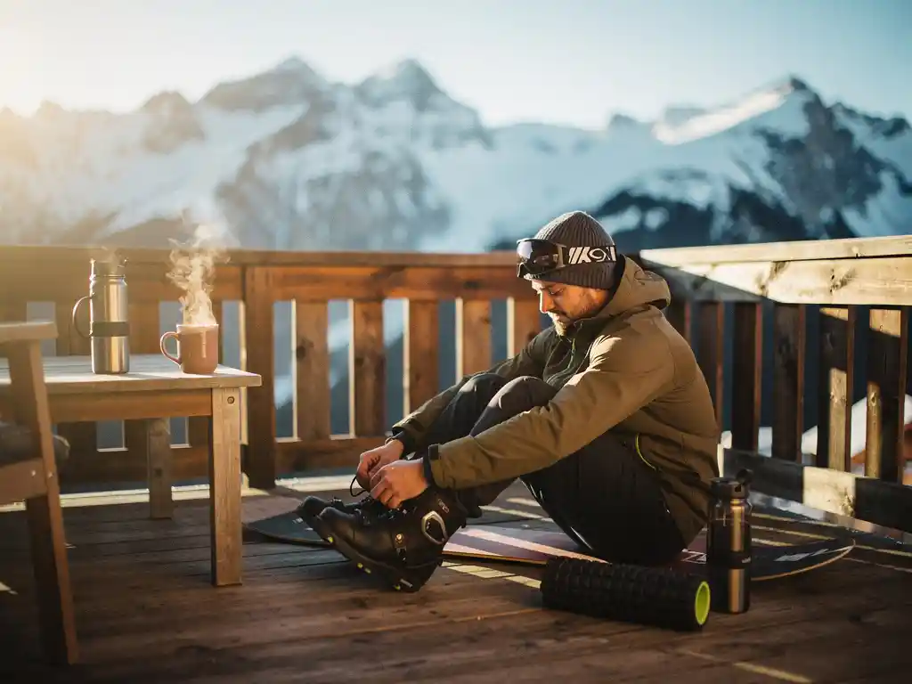 Snowboardeur se reposant sur terrasse en bois avec chocolat chaud, montagnes enneigées en arrière-plan, lumière dorée