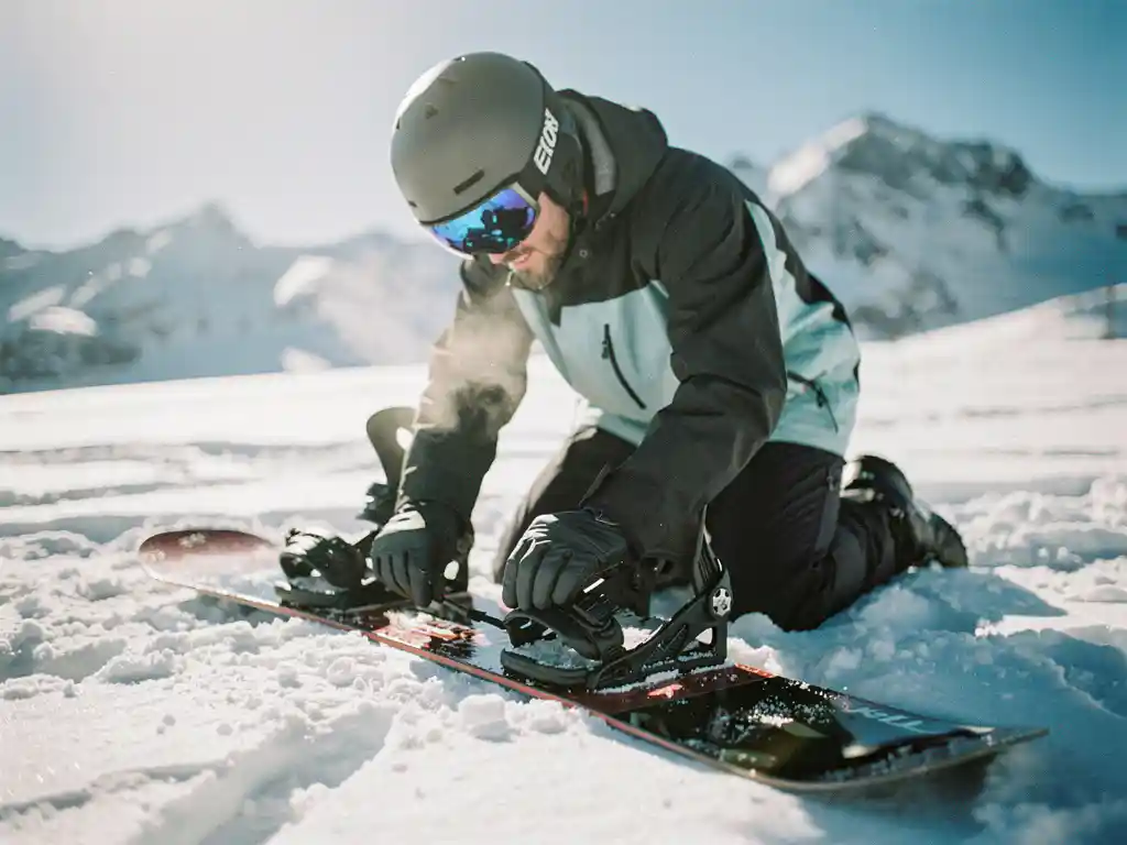Snowboarder kneeling in snow checking binding straps and boot connections with snow-capped mountains in background.