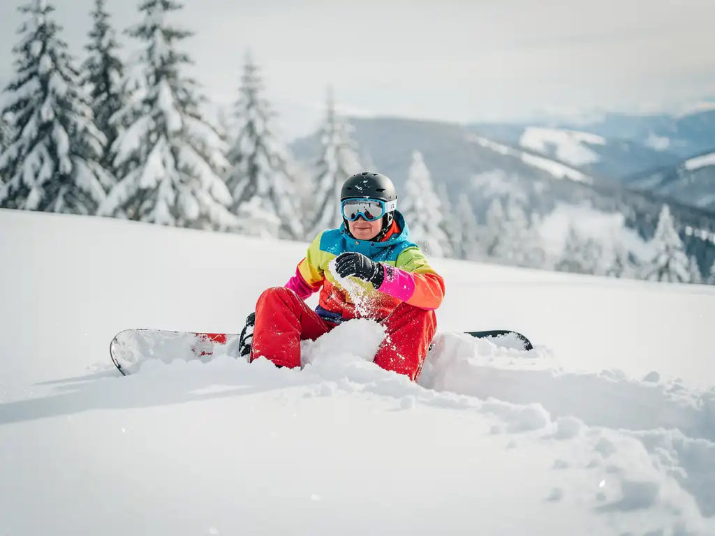 Snowboardeur en équipement coloré assis dans la poudreuse après une chute, montagnes enneigées en arrière-plan