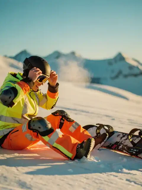 Snowboardeur en équipement de sécurité ajustant son casque sur une pente enneigée avec planche à côté, montagnes en arrière-plan