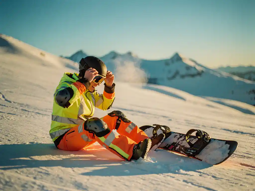 Snowboardeur en équipement de sécurité ajustant son casque sur une pente enneigée avec planche à côté, montagnes en arrière-plan