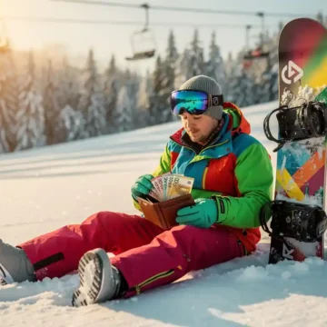 Beginnende snowboarder telt eurobiljetten op besneeuwde piste met snowboard en skiliften op achtergrond