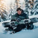 Snowboarder sitting in powder snow examining cracked snowboard with concerned expression, snow-covered pine trees in background.