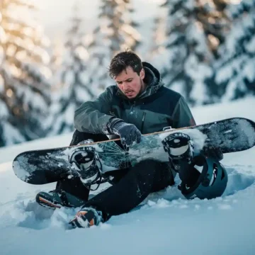 Snowboarder sitting in powder snow examining cracked snowboard with concerned expression, snow-covered pine trees in background.