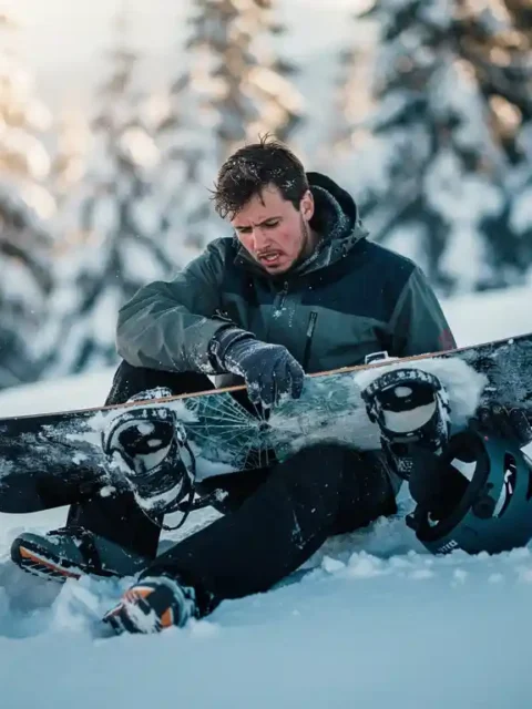 Snowboarder sitting in powder snow examining cracked snowboard with concerned expression, snow-covered pine trees in background.