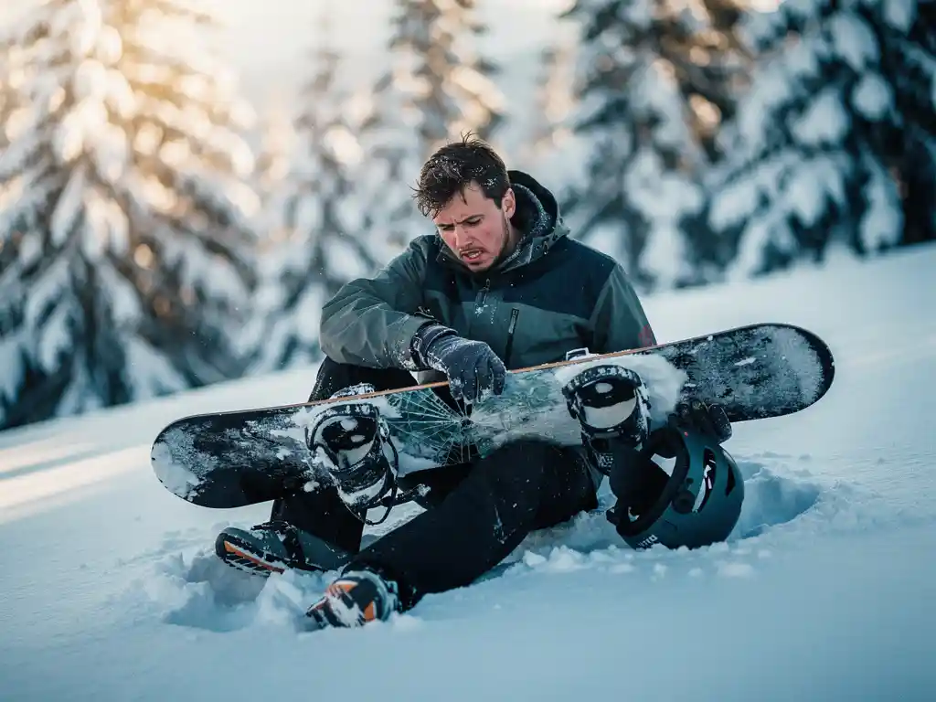Snowboarder sitting in powder snow examining cracked snowboard with concerned expression, snow-covered pine trees in background.