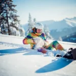 Snowboarder sitting in powder snow after fall, brushing off jacket with amused expression, snowy mountain landscape background