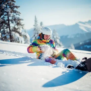 Snowboarder sitting in powder snow after fall, brushing off jacket with amused expression, snowy mountain landscape background