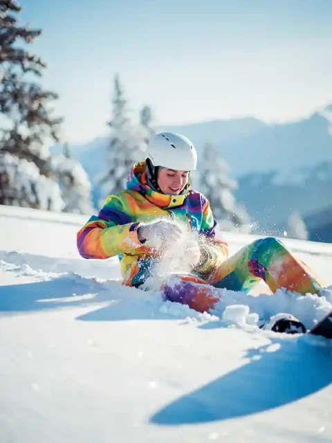 Snowboarder sitting in powder snow after fall, brushing off jacket with amused expression, snowy mountain landscape background