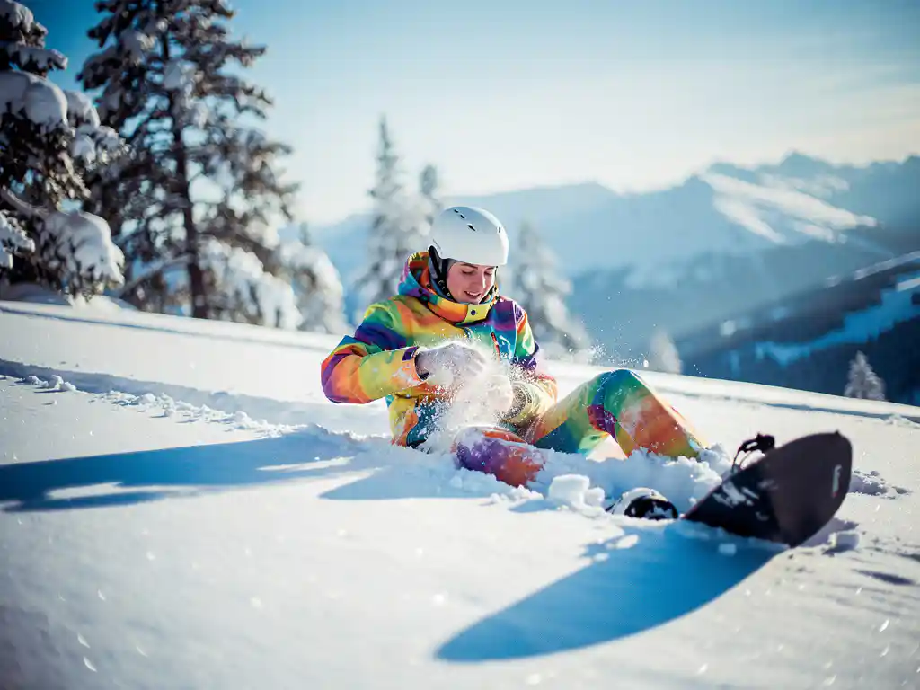 Snowboarder sitting in powder snow after fall, brushing off jacket with amused expression, snowy mountain landscape background