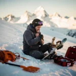Snowboarder zit in poedersneeuw met gebroken binding en beschermend gehouden pols, reddingsuitrusting verspreid in berglandschap