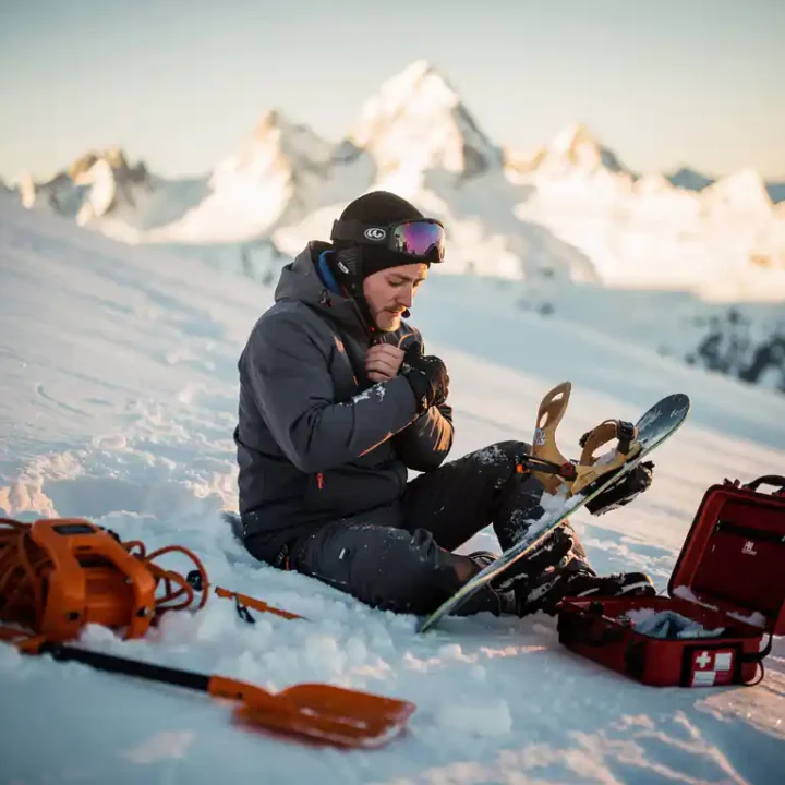 Snowboarder zit in poedersneeuw met gebroken binding en beschermend gehouden pols, reddingsuitrusting verspreid in berglandschap