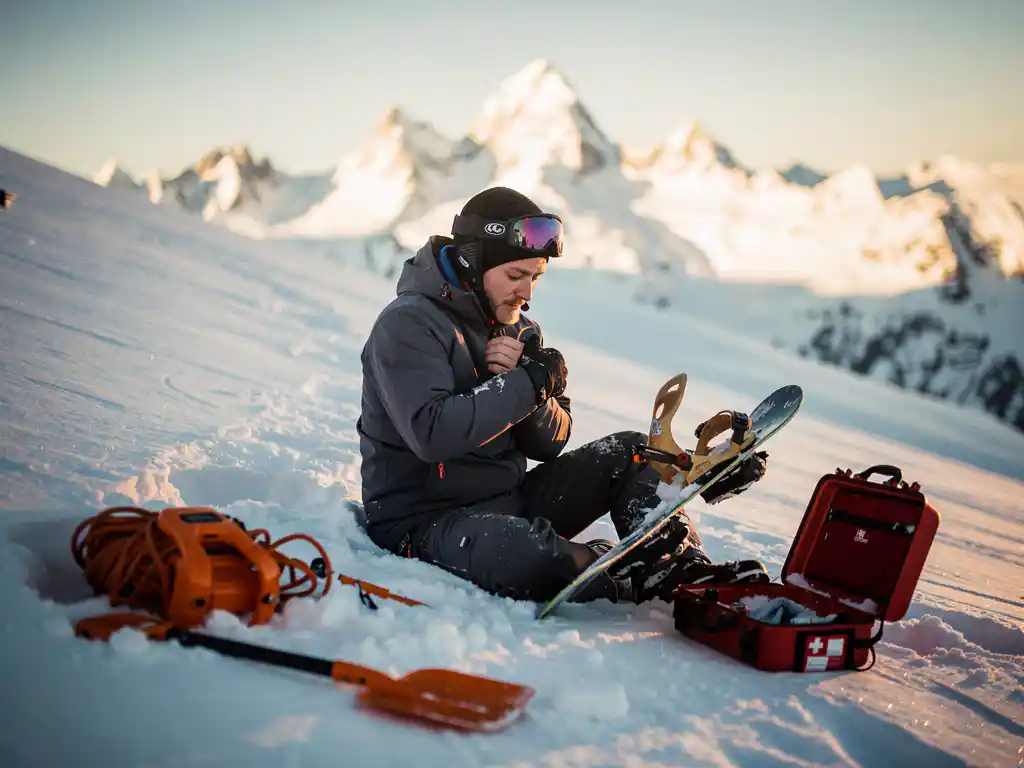 Snowboarder zit in poedersneeuw met gebroken binding en beschermend gehouden pols, reddingsuitrusting verspreid in berglandschap