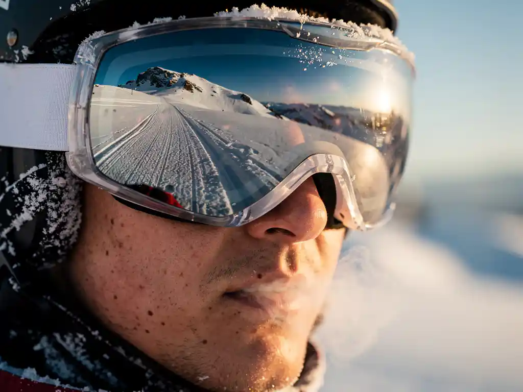 Snowboarder wearing reflective goggles on snowy mountain slope with visible breath mist in cold winter sunlight
