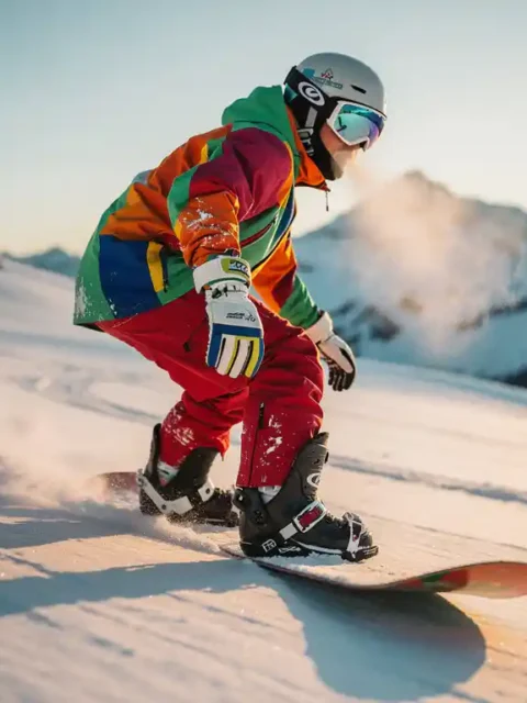 Snowboarder in Goofy-Stance auf Pulverschnee bei goldenem Sonnenlicht in verschneiter Berglandschaft
