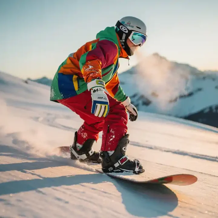 Snowboarder in Goofy-Stance auf Pulverschnee bei goldenem Sonnenlicht in verschneiter Berglandschaft