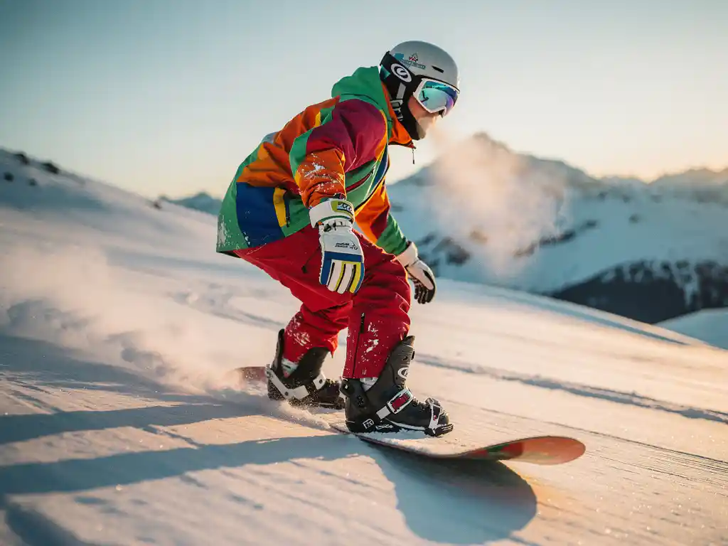 Snowboarder in Goofy-Stance auf Pulverschnee bei goldenem Sonnenlicht in verschneiter Berglandschaft