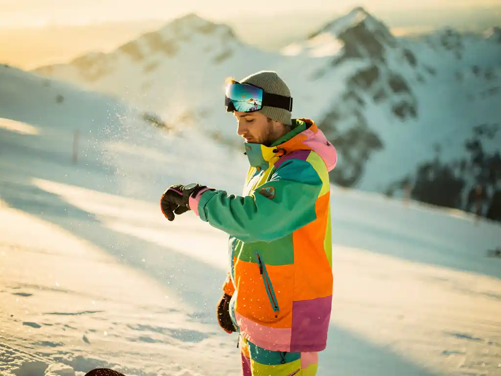 Snowboarder kijkt op horloge op besneeuwde bergpiste tijdens gouden uur, met dramatische schaduwen en bergtoppen op achtergrond