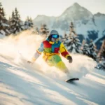 Snowboarder maakt perfecte bocht in poedersneeuw met besneeuwde bergen en dennenbomen op de achtergrond