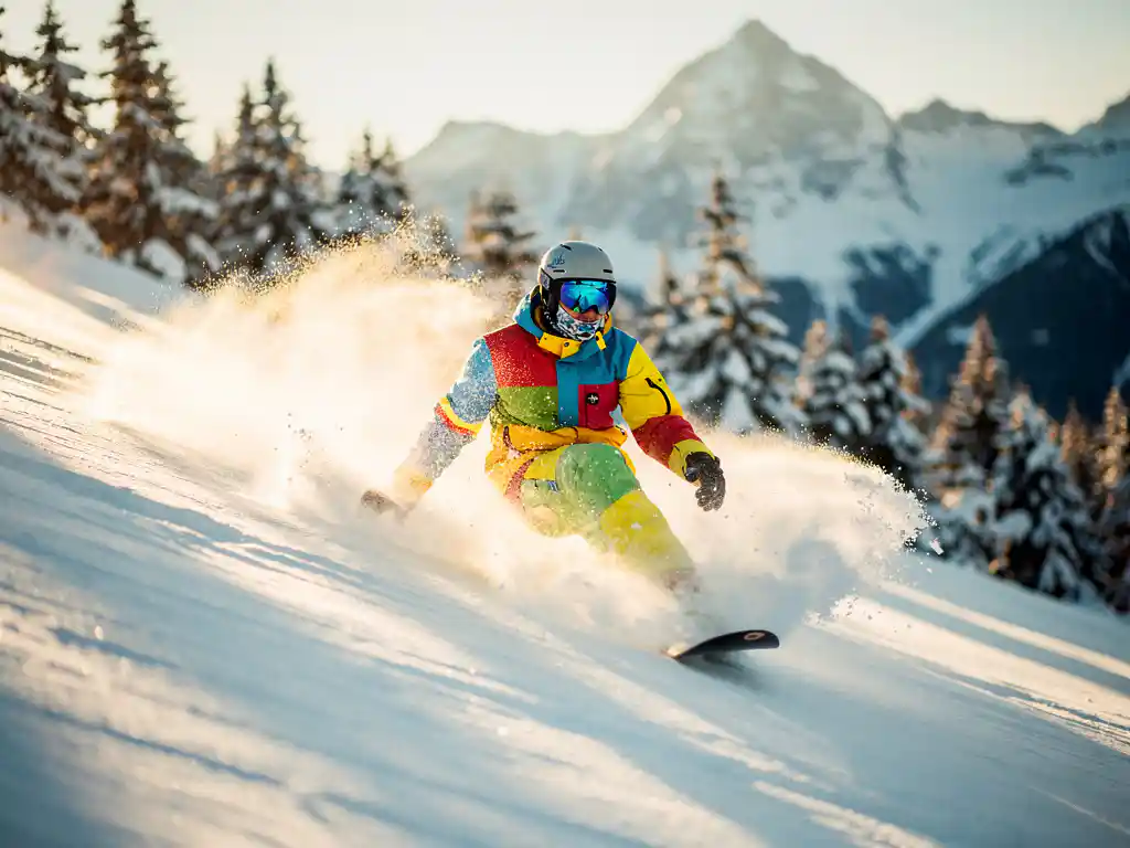 Snowboarder maakt perfecte bocht in poedersneeuw met besneeuwde bergen en dennenbomen op de achtergrond
