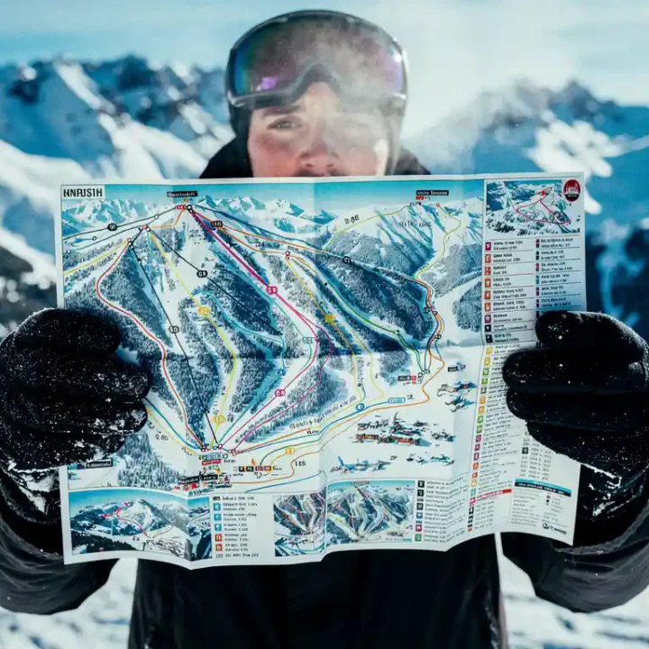 Snowboarder in goggles holding colorful piste map with trail markings against snowy mountain backdrop on sunny day